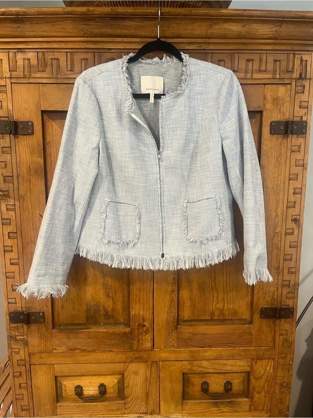 Rebecca Taylor Light Blue-Gray Fringe Trim Tweed Jacket